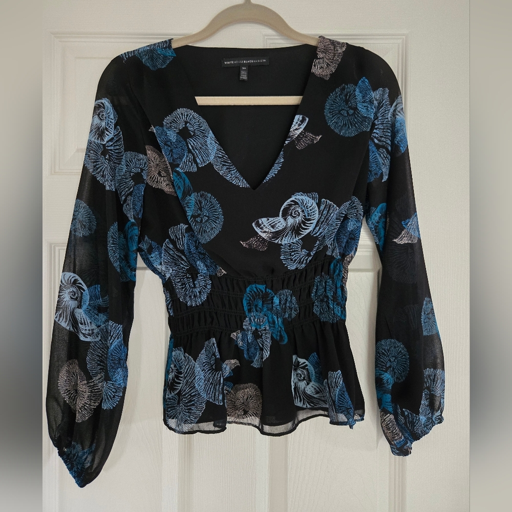 White House Black Market Black and Blue Sea Schells Blouse